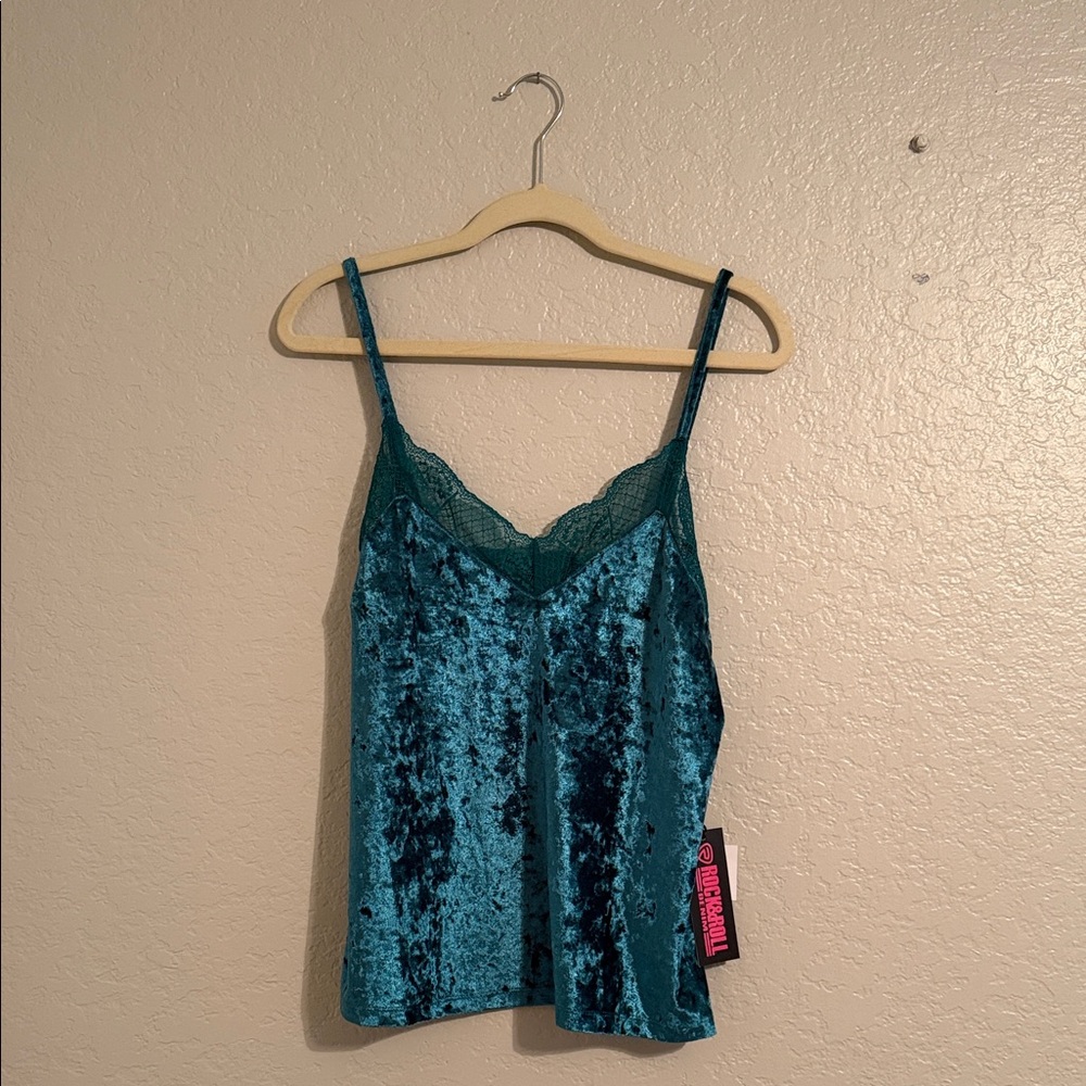 Rock & Roll Denim Velvet Lace Cami Top - Turquoise